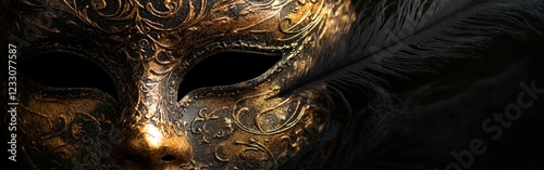 An elegant Venetian mask with gold details and black feathers, isolated on a dark background. Suitable for theater or artistic projects.
