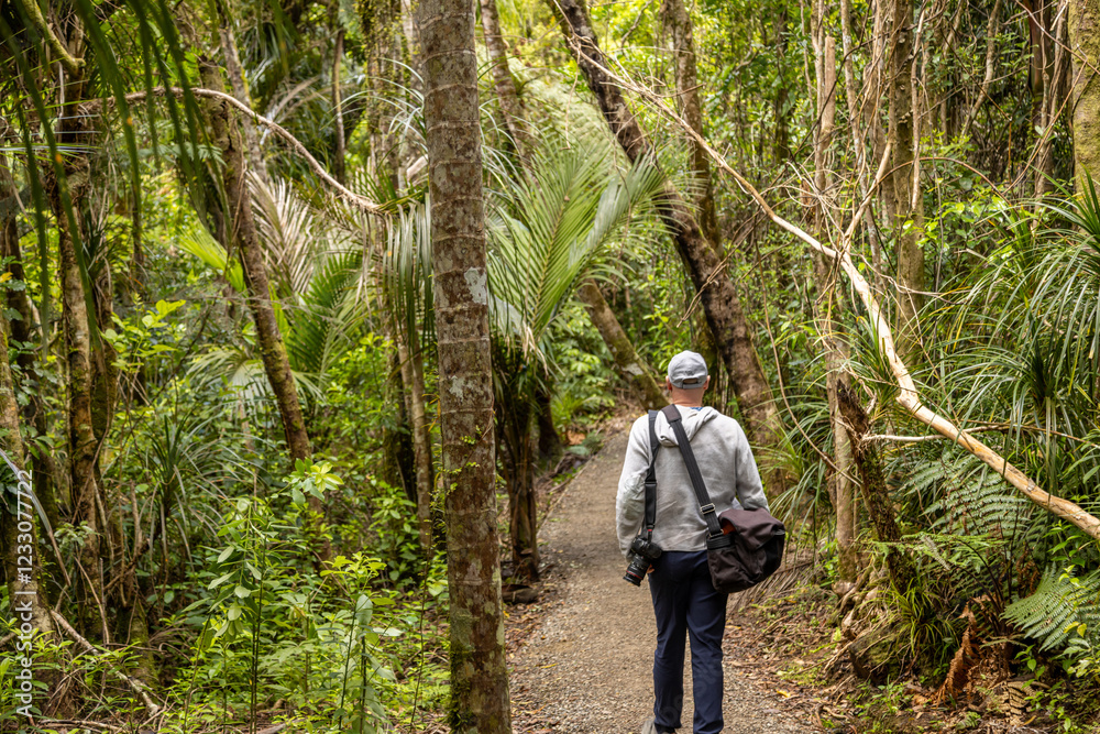 Hiker enjoying a tranquil forest trail. Man walks through lush New Zealand foliage. Nature walk. FAIRY FALLS, WAITAKERE RANGES, AUCKLAND, NEW ZEALAND Hiker enjoying a tranquil forest trail. Man walks through lush New Zealand foliage. Nature walk. FAIRY FALLS, WAITAKERE RANGES, AUCKLAND, NEW ZEALAND