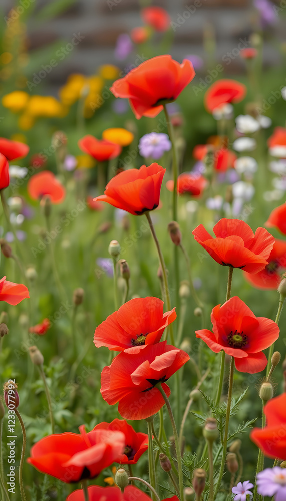 red poppies in the flowerbed in summer, magazine photoshoot, with white tones red poppies in the flowerbed in summer, magazine photoshoot, with white tones