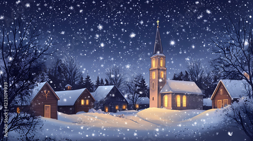 Wallpaper Mural Snowy village church under starlit winter sky. Starlit Spire. Illustration Torontodigital.ca