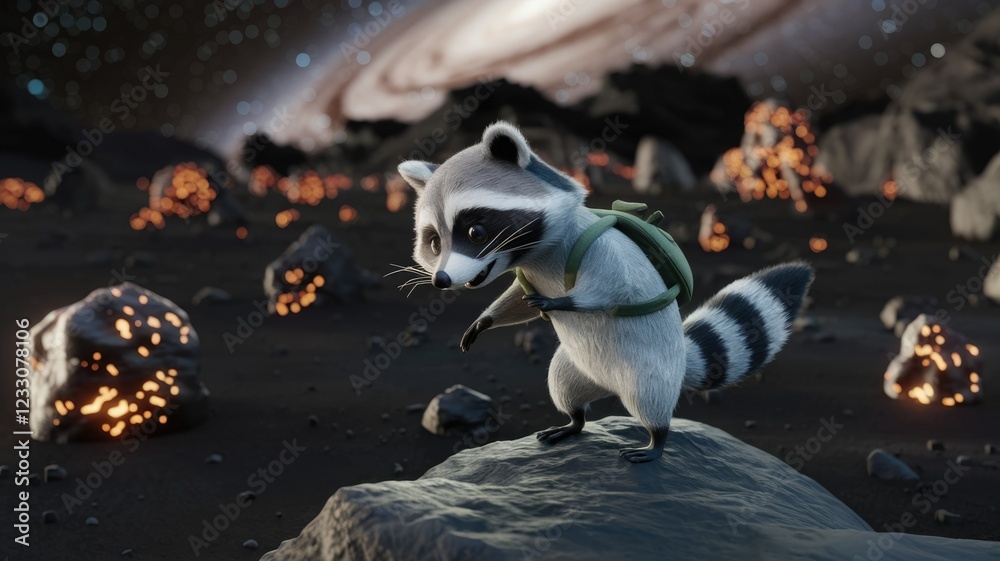 Fototapeta premium A cute raccoon with a backpack explores a fiery, alien landscape under a starry sky.