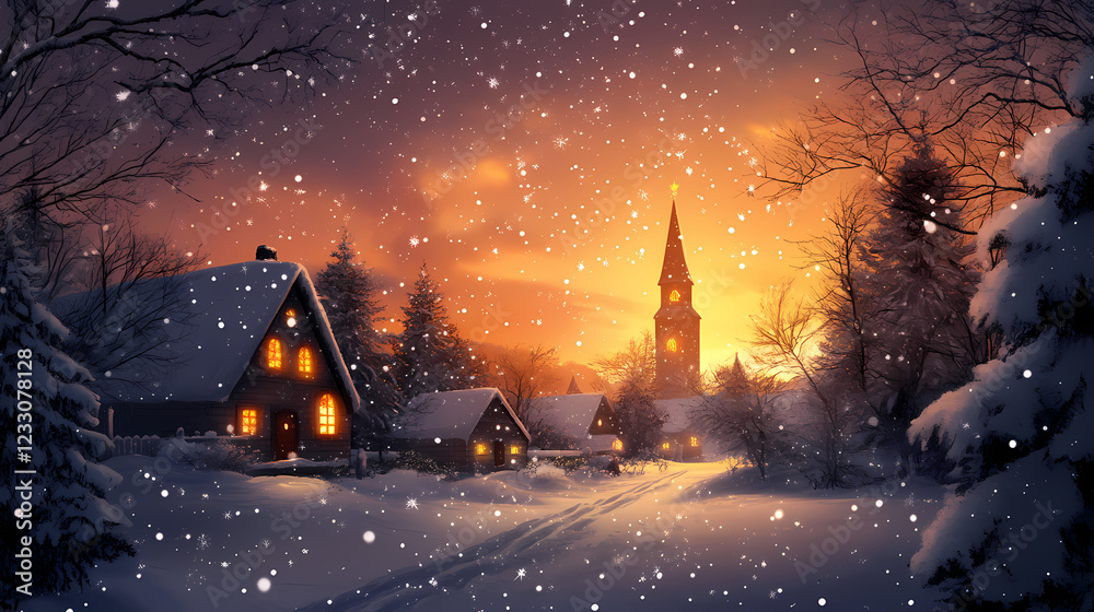 Fototapeta premium Winter village sunset snowy night starlit scene. Starlit Spire. Illustration