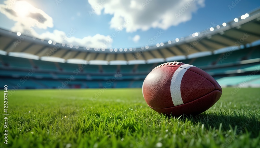 American football ball on stadium grass. Outdoor sport scene. Pro team or training session. Green grassy field. Large stadium stands in background. Perfect for sports fans, training or team photos. American football ball on stadium grass. Outdoor sport scene. Pro team or training session. Green grassy field. Large stadium stands in background. Perfect for sports fans, training or team photos.