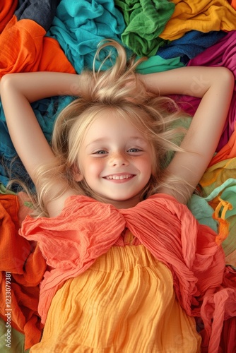 Wallpaper Mural Smiling girl lying on colorful fabric, enjoying playful moments, surrounded by vibrant textiles, representing childhood joy and creativity in a bright atmosphere. Torontodigital.ca
