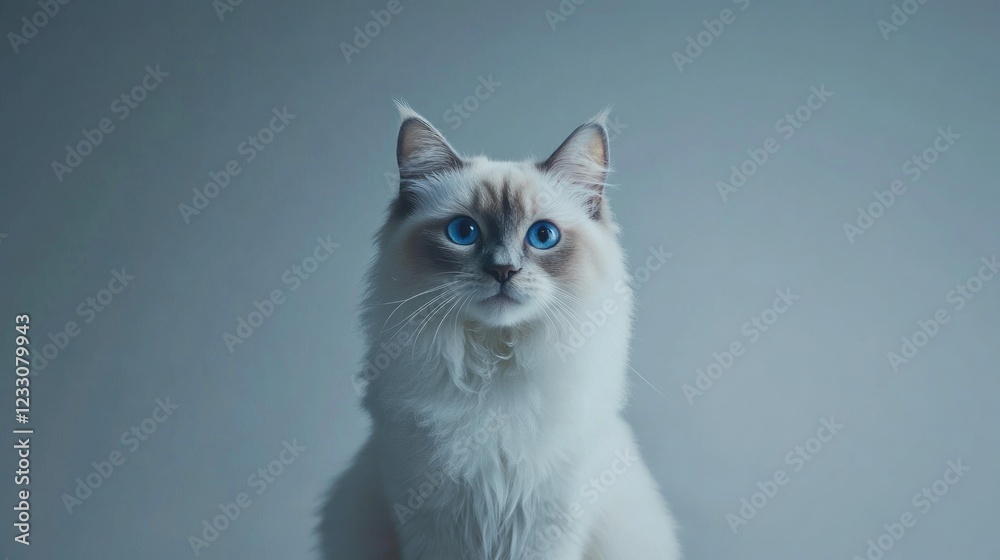 Adorable Ragdoll cat with striking blue eyes, sitting against a muted background. Adorable Ragdoll cat with striking blue eyes, sitting against a muted background.