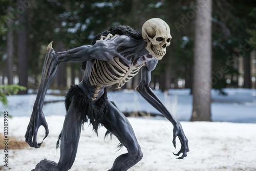 A skeletal creature, dark and ominous, prowls a snowy forest, its exposed ribcage and skull-like head visible. photo