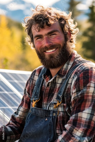 Smiling renewable energy technician working on solar panels in outdoor setting, promoting sustainability and green technology for eco-friendly solutions.
