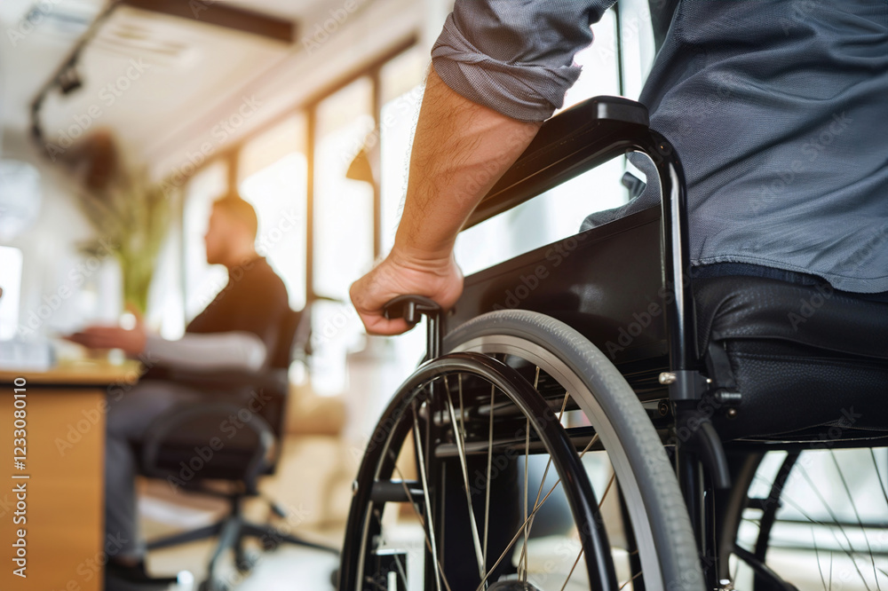 Obraz premium Person using a wheelchair presenting ideas, gesturing confidently to colleagues in a modern office