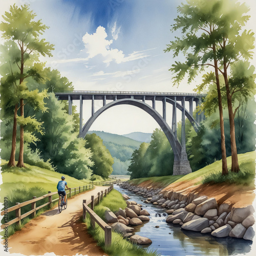 watercolor illustration of Farmville, Virginia, highlighting the iconic High Bridge Trail. photo