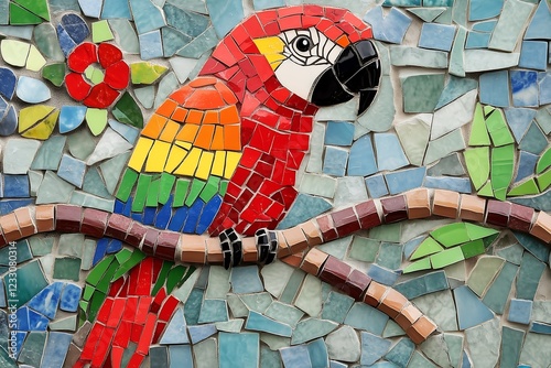 Colorful mosaic parrot perched on a branch, showcasing vibrant red, yellow, and green tiles.