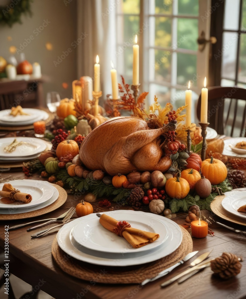 Festive Thanksgiving table setting with autumn decorations, dinner, cornucopia, food Festive Thanksgiving table setting with autumn decorations, dinner, cornucopia, food