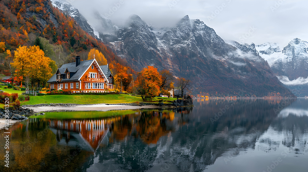 Fototapeta premium Autumnal lake house, mountain reflection, Norway