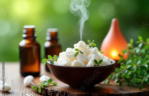 Aromatic camphor pieces in bowl steaming gently. Natural essential oil bottles, decorative aroma lamp add to spa-like ambiance. Fresh herbs surround bowl. Tranquil scene for relaxation, wellness