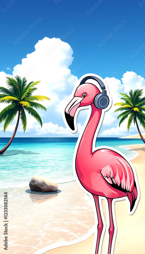 Obraz premium summer mood animal background, pink flamingo wearing headphone at tropical beach, sticker style, with white tones