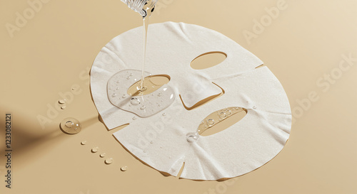 Facial mask being filled with liquid. Sheet facial mask on a beige background with liquid being poured onto it photo