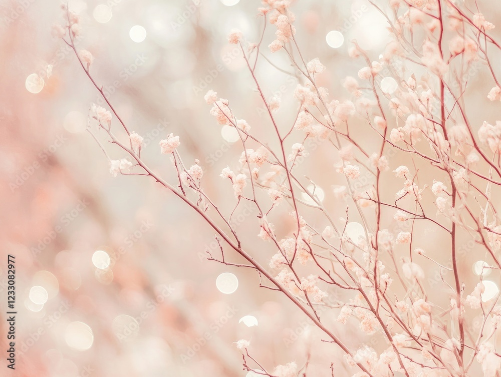 Naklejka premium Winter's Delicate Embrace: Frozen branches adorned with delicate frost, bathed in soft, pastel light, create a serene and ethereal winter scene.