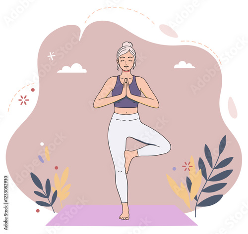 Colorful flat vector of mature woman doing tree yoga pose