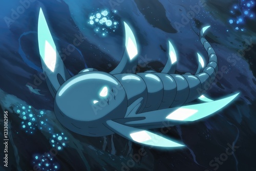 A bioluminescent, segmented creature with sharp, glowing appendages swims in deep, dark water. photo