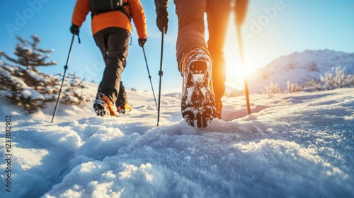 Winter hiking adventure in snowy landscape with trekking poles and scenic mountain views. Outdoor enthusiasts exploring nature and enjoying fresh air and sunshine. photo