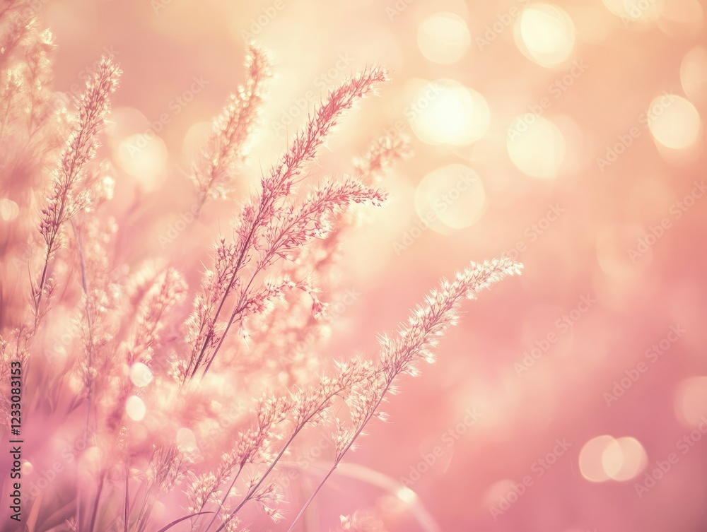 Naklejka premium Pastel Meadow at Dawn: Delicate wild grasses bathed in the soft, rosy glow of sunrise, creating a serene and dreamy landscape.