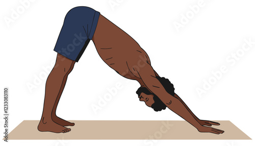 African man doing Downward dog yoga pose on yoga mat. Flat style vector