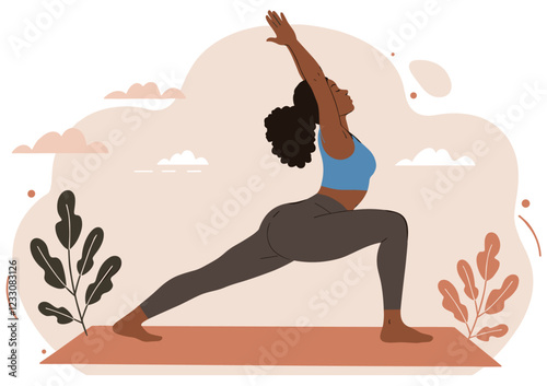 African American woman doing Warrior 1 pose on yoga mat. Flat style vector