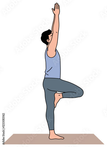 Asian man doing yoga pose named tree. Minimalist vector style