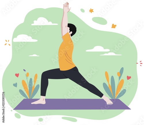 Man doing Warrior 1 pose on yoga mat. Flat style vector