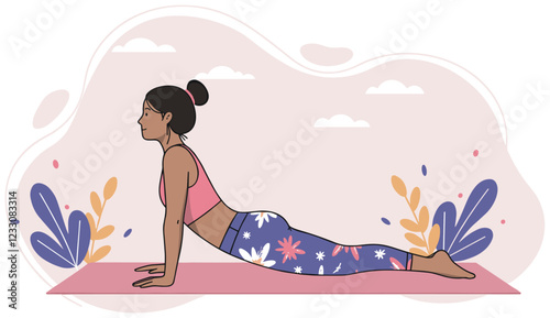Latin woman doing cobra pose on yoga mat. Colorful flat design vector