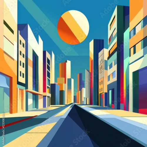 style flat illustration mosaic, macro, cityscape background, urban tessellated mosaics, dynamic and bold. clean lines 2D design photo