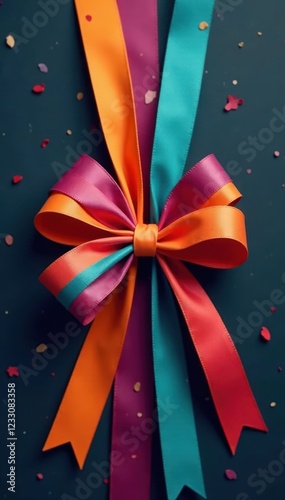 Colorful ribbons tied in a festive cotillon knot , texture, colorful