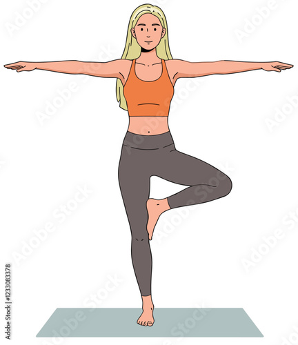 Caucasian woman trying to do tree yoga pose. Minimalist style vector