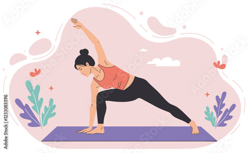 Asian woman doing yoga. Colorful minimalist flat design vector