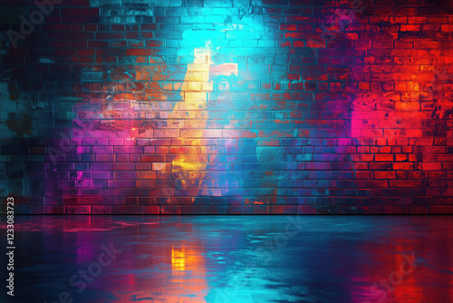 Colorful painted brick wall background in spot light. Reflections on floor.