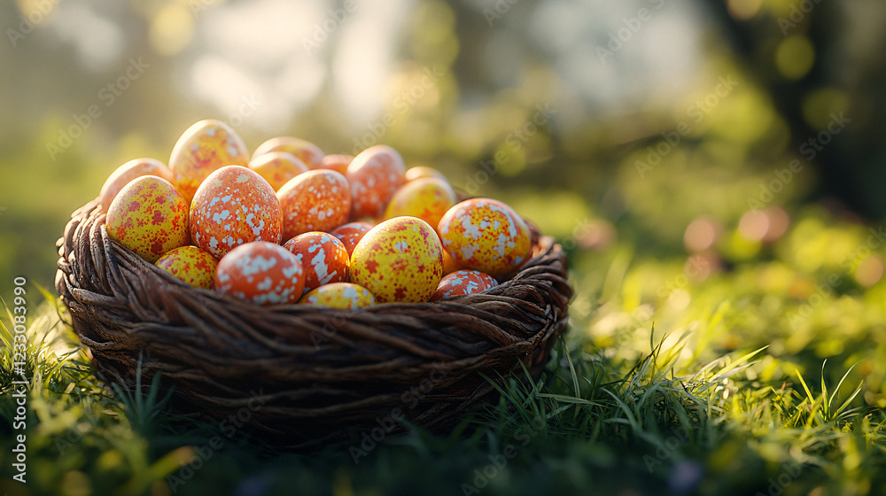 Pile of colorful Easter eggs in a wicker basket, surrounded by soft green grass, dappled sunlight, high detail, photorealistic Pile of colorful Easter eggs in a wicker basket, surrounded by soft green grass, dappled sunlight, high detail, photorealistic
