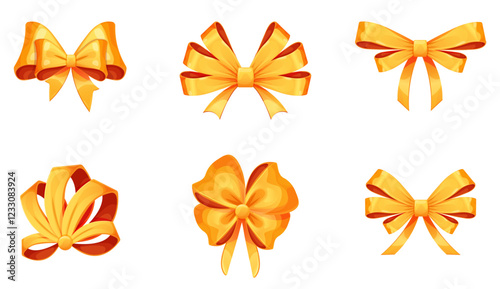 A set of six uniquely shaped golden bows of different lengths, displayed on a clean white canvas. This vector artwork provides high-quality realistic bows, perfect for posts, stories, and promotional 