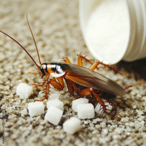 Close-Up of Cockroach Crawling Among Sugar Cubes with Spilled Sugar in Background, Illustrating Household Pest Problem and Hygiene Concerns photo