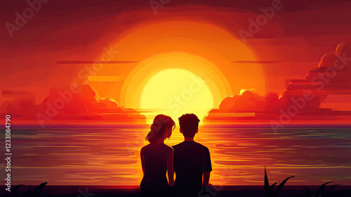 romantic couple lo-fi cartoon turn your back in hills view beautiful sunset for Valentine Days