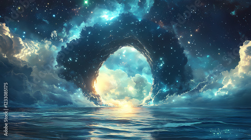 Enigmatic ocean gateway opens to starry realm. Stellar Arch. Illustration photo