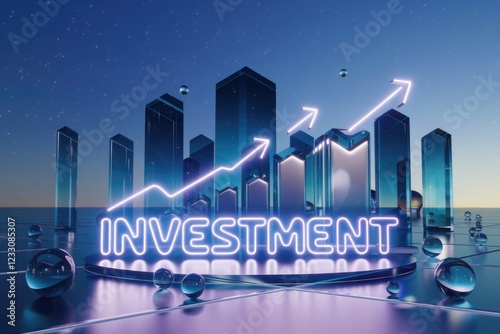 Neon cityscape with upward trending graph symbolizes investment growth and financial success. photo