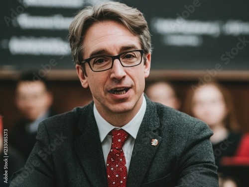 Professional man with glasses in formal attire speaking confidently in a meeting setting, surrounded by attentive audience members in the background photo