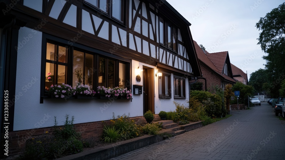 Twilight street view of a charming half-timbered house Twilight street view of a charming half-timbered house