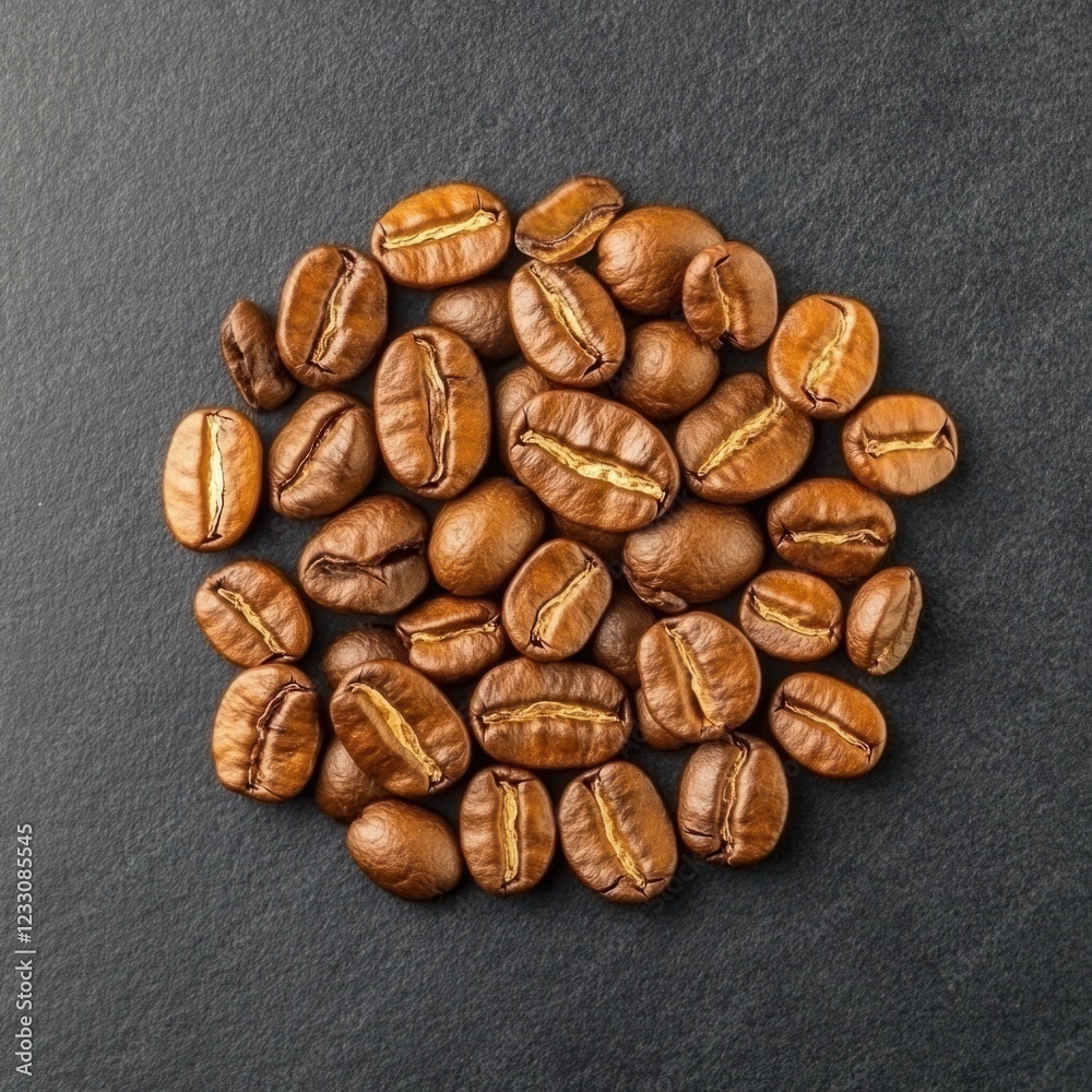 Naklejka premium Close-Up of Roasted Coffee Beans Arranged in a Circular Pattern on a Dark Slate Background for Food and Beverage Photography