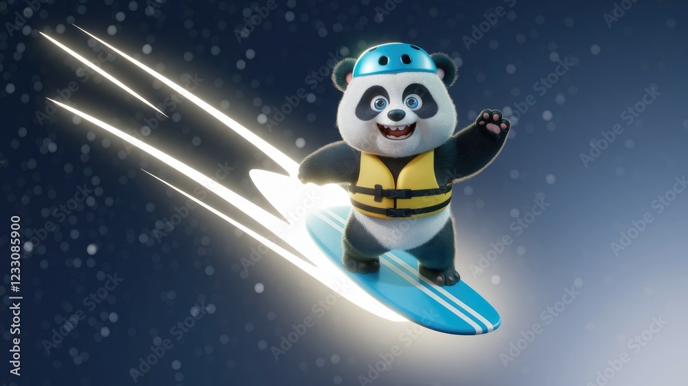 Naklejka premium Adorable panda bear surfing with life vest and helmet, creating a fun and energetic image.
