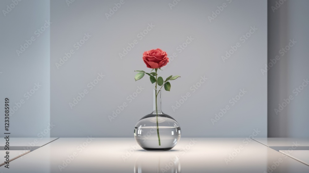 Fototapeta premium A single red rose elegantly placed in a clear glass vase on a minimalist white background.