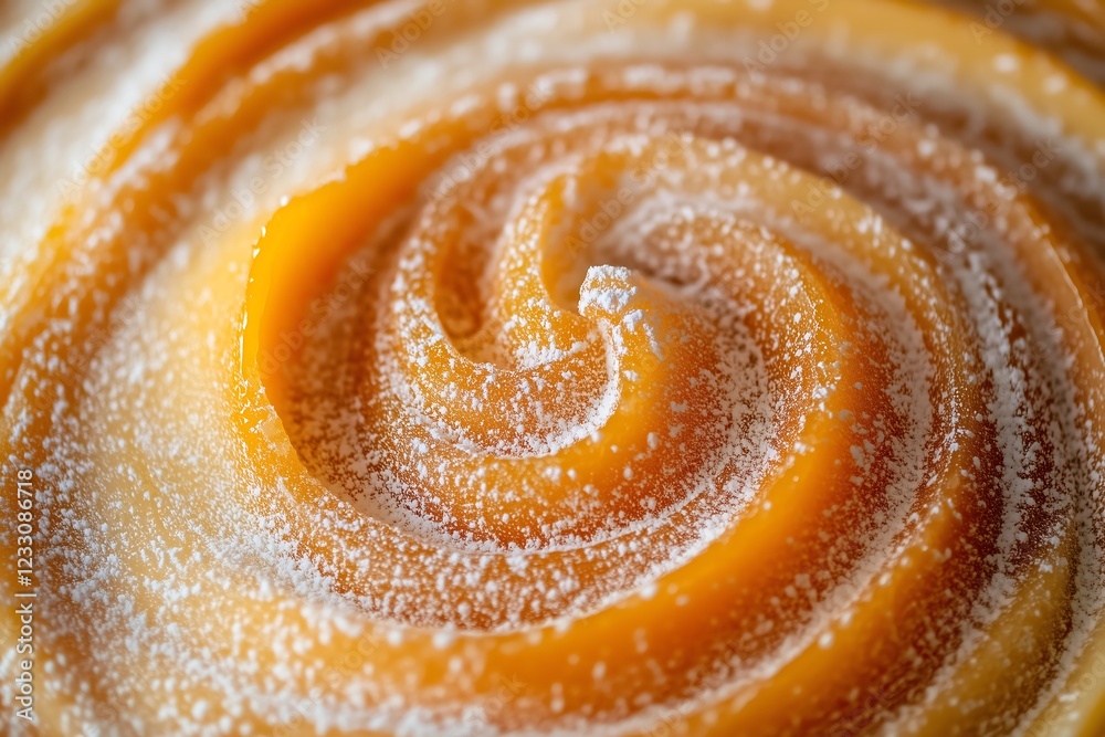 Close-up of a golden, swirled pastry dusted with sugar, showcasing intricate patterns and rich colors. Close-up of a golden, swirled pastry dusted with sugar, showcasing intricate patterns and rich colors.