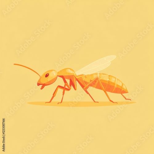 style flat illustration termite, side view, orange solid background, glowing body highlights, warm and radiant, sleek and industrious design. clean lines 2D design photo