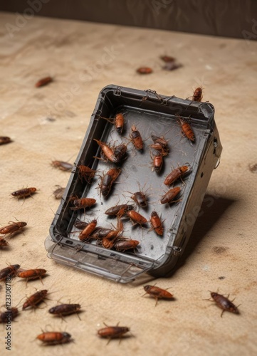 Cockroaches get stuck in a sticky trap with bait inside and struggle to escape , insects, sticky trap