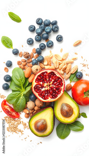 Wallpaper Mural Healthy food: Fish, blueberries, nuts, pomegranate, avocados, tomatoes, spinach, flax. Concept of Dietary Nutrition. Top view, pop art, with white tones Torontodigital.ca