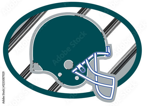 silver and midnight Green football player helmet, sport vector graphics, hockey, for street art - graffiti lettering typography - art illustration - multicolor - writen
